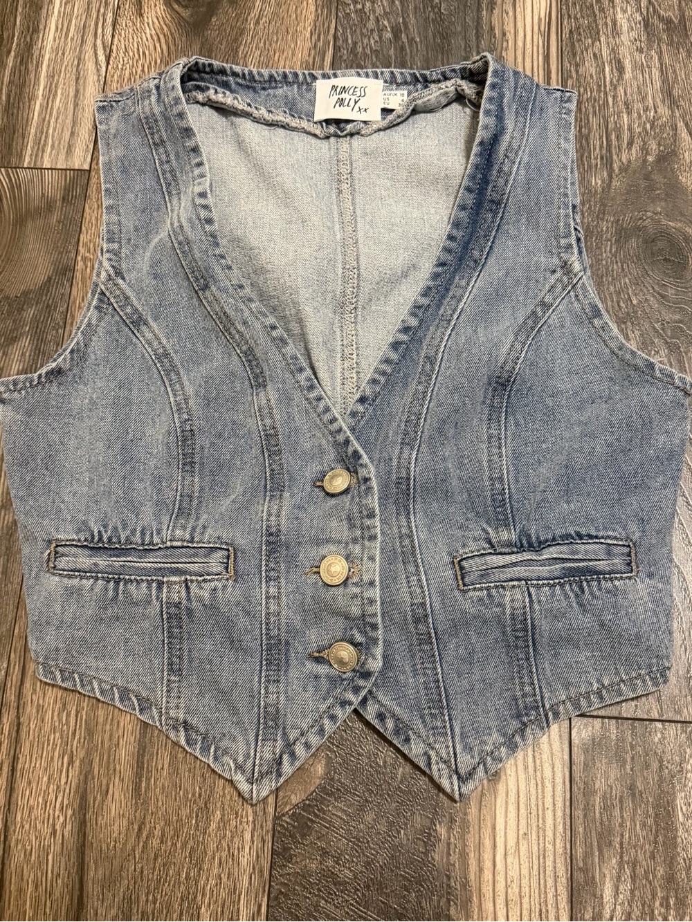 Princess Polly Burrows Crop Light Wash Denim Vest - Blue US 6 Buttons